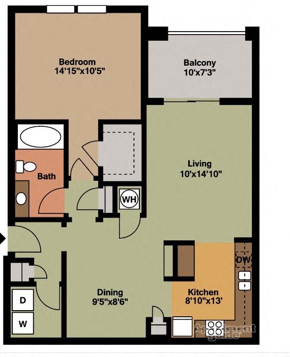 Floor plan for 1 bed, 1 bath, 885 sqft